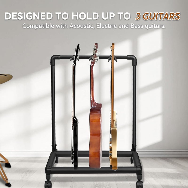 Azor 3 Multi Guitar Stand Rack with Wheels, Folding Design 3 Holder Guitar Rack for Acoustic Electric Guitar, Bass, Soft Cushioning Sponge Protects Your Instruments - Image 2